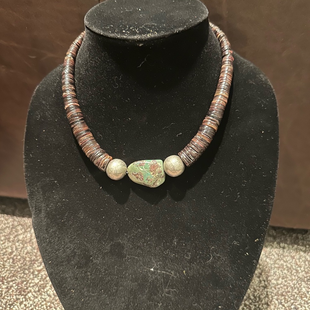 Hand Crafted Brown Graduated Bead, Natural Turquoise & Sterling Silver Necklace